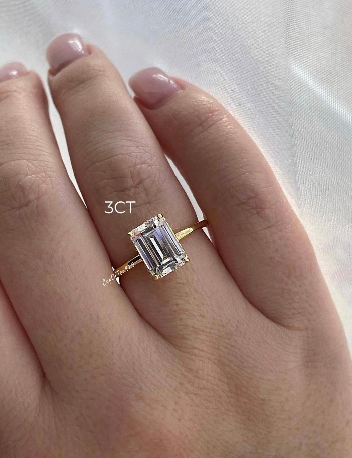 The Grace. Syerlung Silver,Yellow Gold over Sterling Silver 925 engagement ring with 2.5CT elongated cushion cut 6A simulated diamond