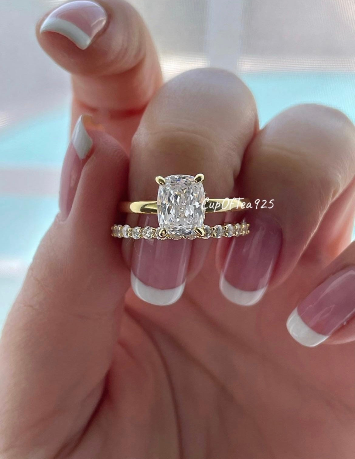 Yellow Gold over Sterling Silver 925 Bridal Set with 2.5 Elongated CZ Cushion Cut engagement ring and half eternity band.