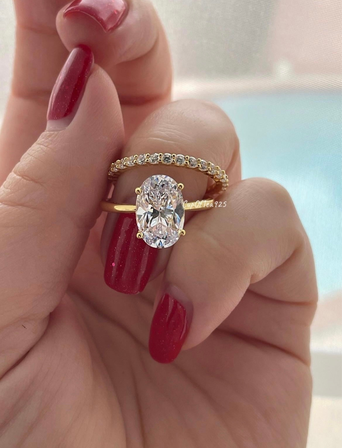 Yellow Gold , rose gold, white gold over Sterling Silver 925 bridal set with 3.5CT or 2.5CT oval cut Solitare ring and half eternity band