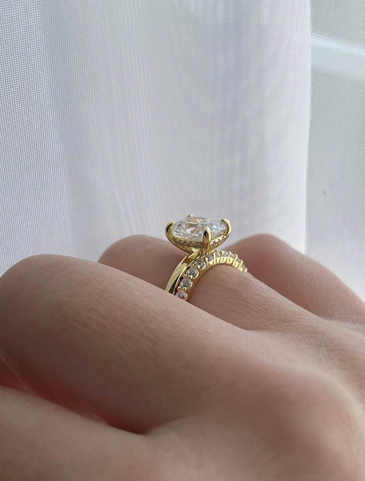 Yellow Gold over Sterling Silver 925 Bridal Set with 2.5 Elongated CZ Cushion Cut engagement ring and half eternity band.