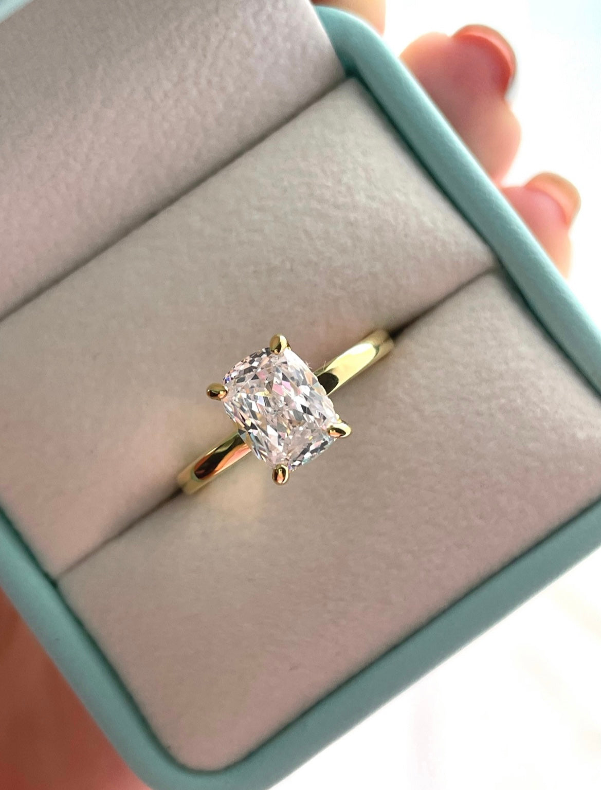 Yellow Gold over Sterling Silver 925 Bridal Set with 2.5 Elongated CZ Cushion Cut engagement ring and half eternity band.