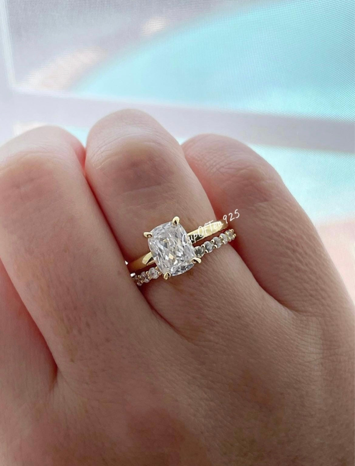 Yellow Gold over Sterling Silver 925 Bridal Set with 2.5 Elongated CZ Cushion Cut engagement ring and half eternity band.