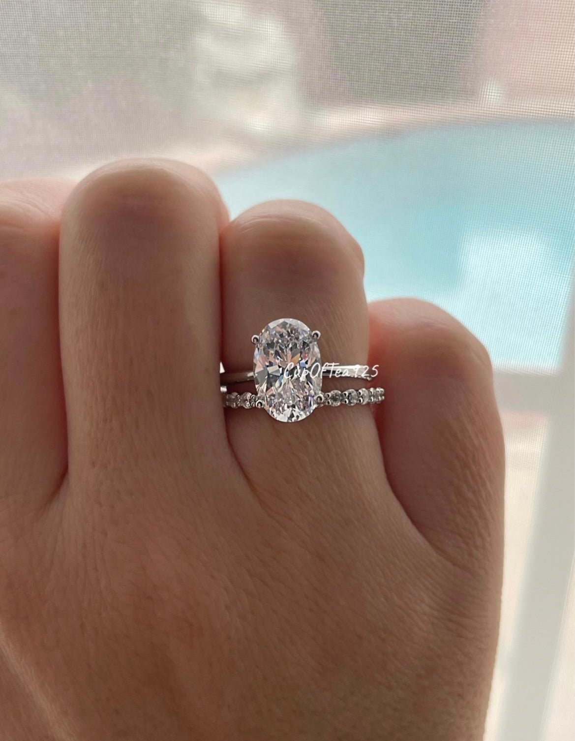 Yellow Gold , rose gold, white gold over Sterling Silver 925 bridal set with 3.5CT or 2.5CT oval cut Solitare ring and half eternity band