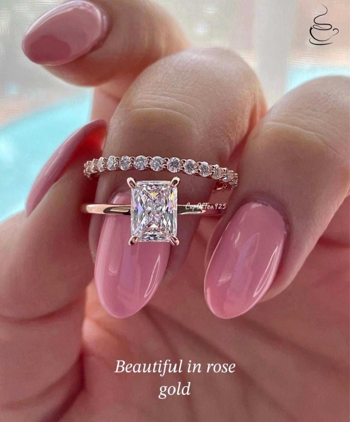 Yellow Gold over Sterling Silver 925 Bridal Set with 2CT Radiant Cut Solitare and half eternity band, engagement ring, travel ring