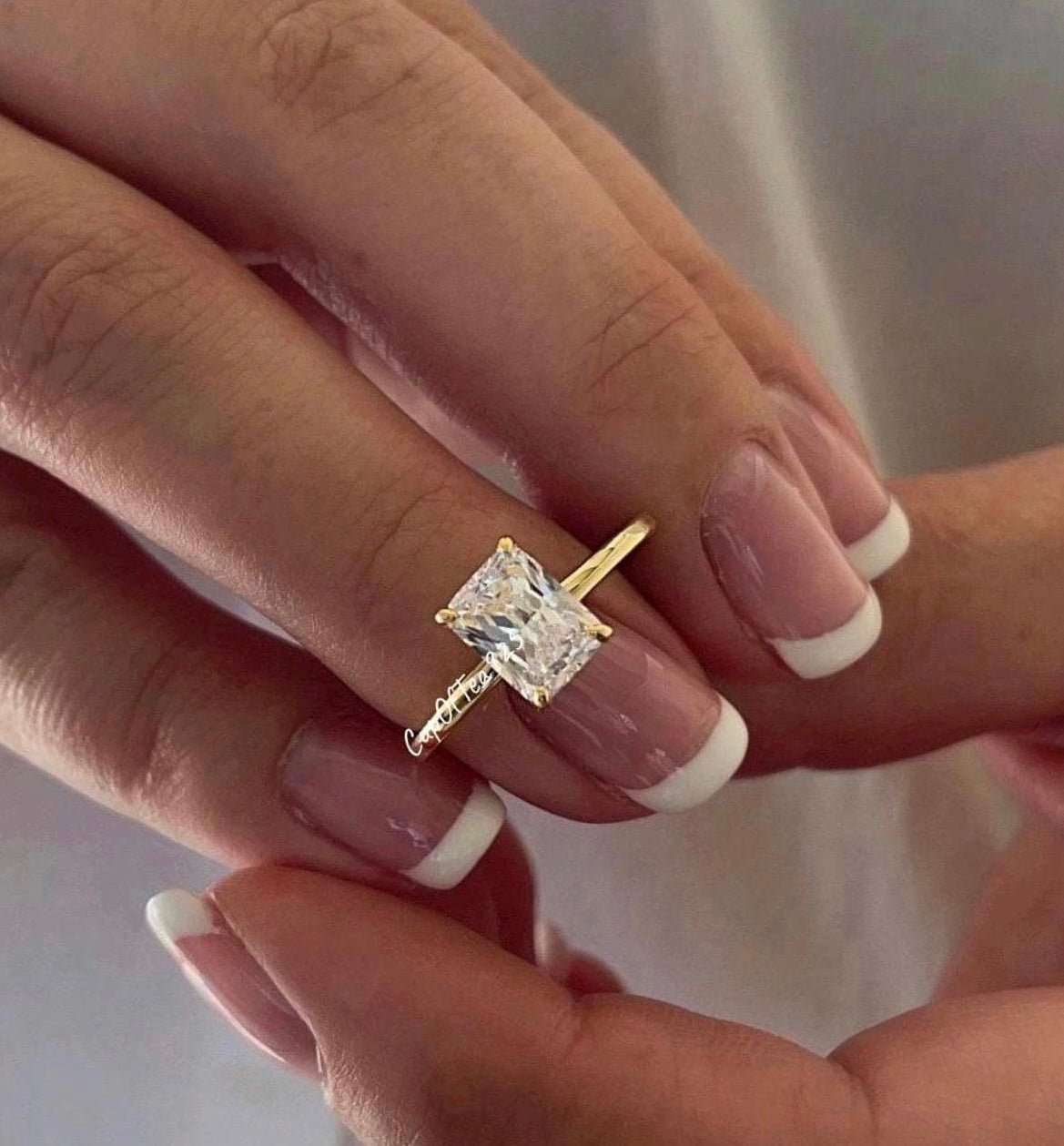 The Alessandra. 18K Yellow Gold Vermeil Engagement Ring with 2CT radiant Cut Simulated Diamond