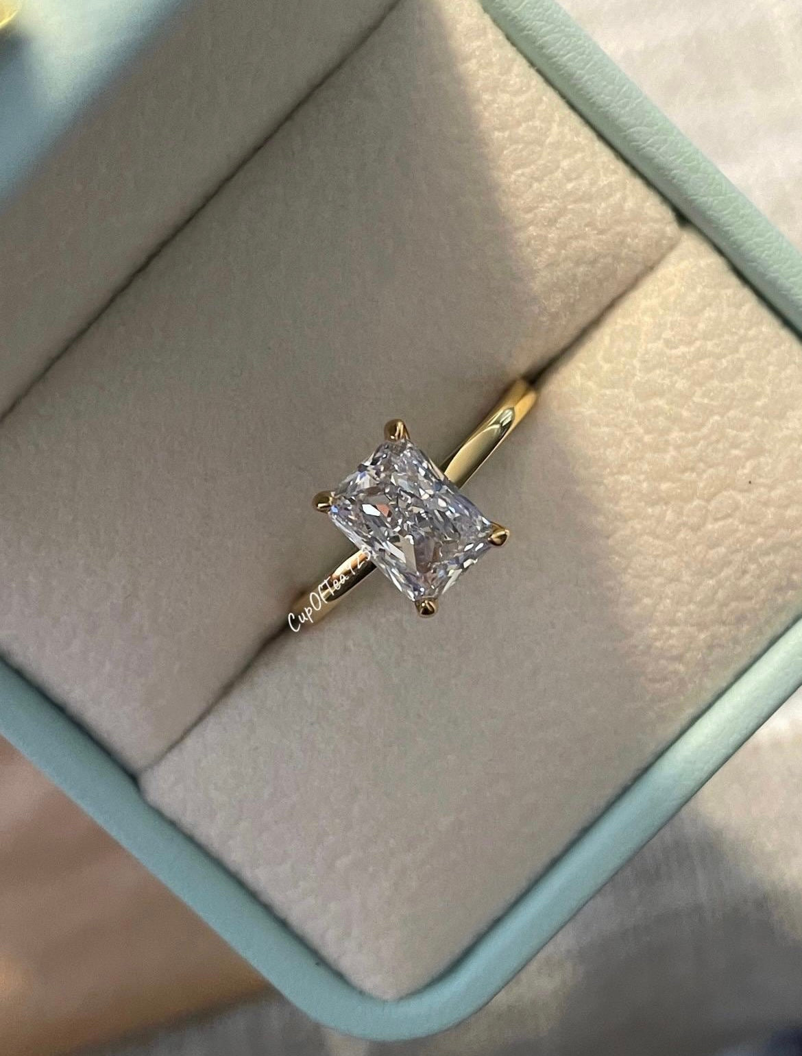The Alessandra. 18K Yellow Gold Vermeil Engagement Ring with 2CT radiant Cut Simulated Diamond