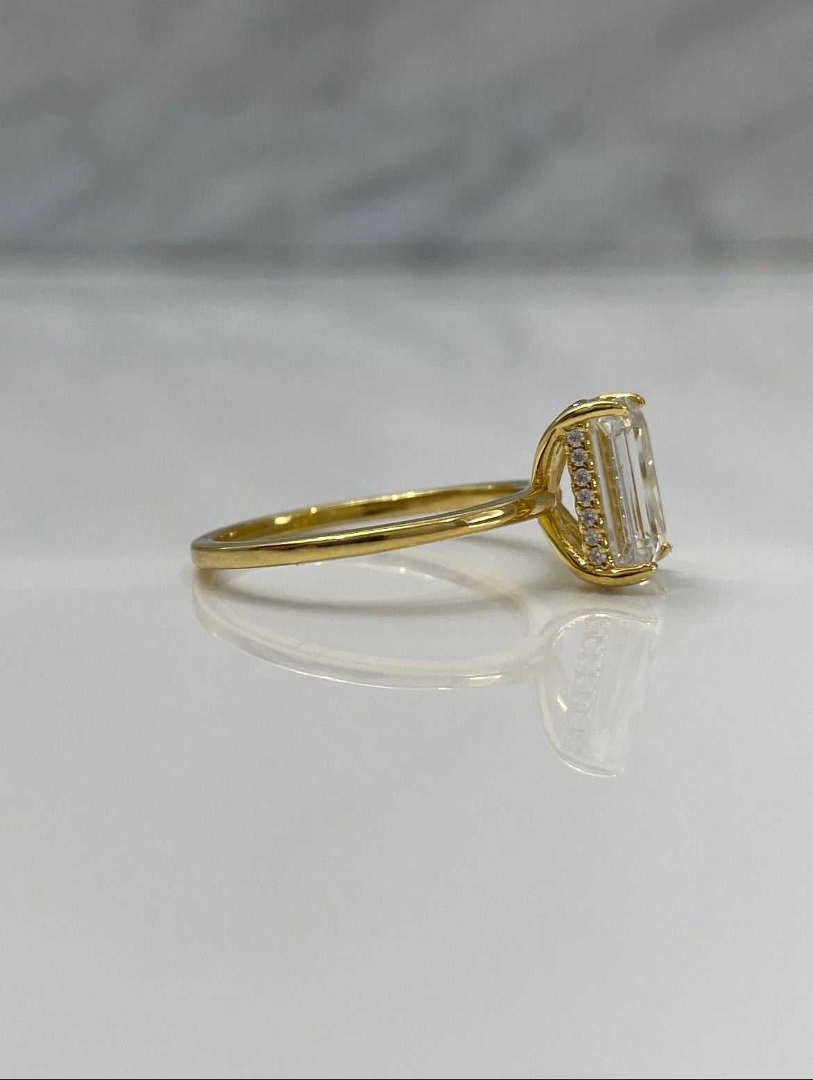 The Grace. Syerlung Silver,Yellow Gold over Sterling Silver 925 engagement ring with 2.5CT elongated cushion cut 6A simulated diamond