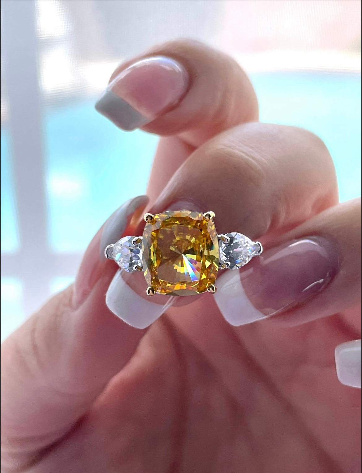 Sterling Silver 925 engagement ring with 4CT Cushion Cut Citrine