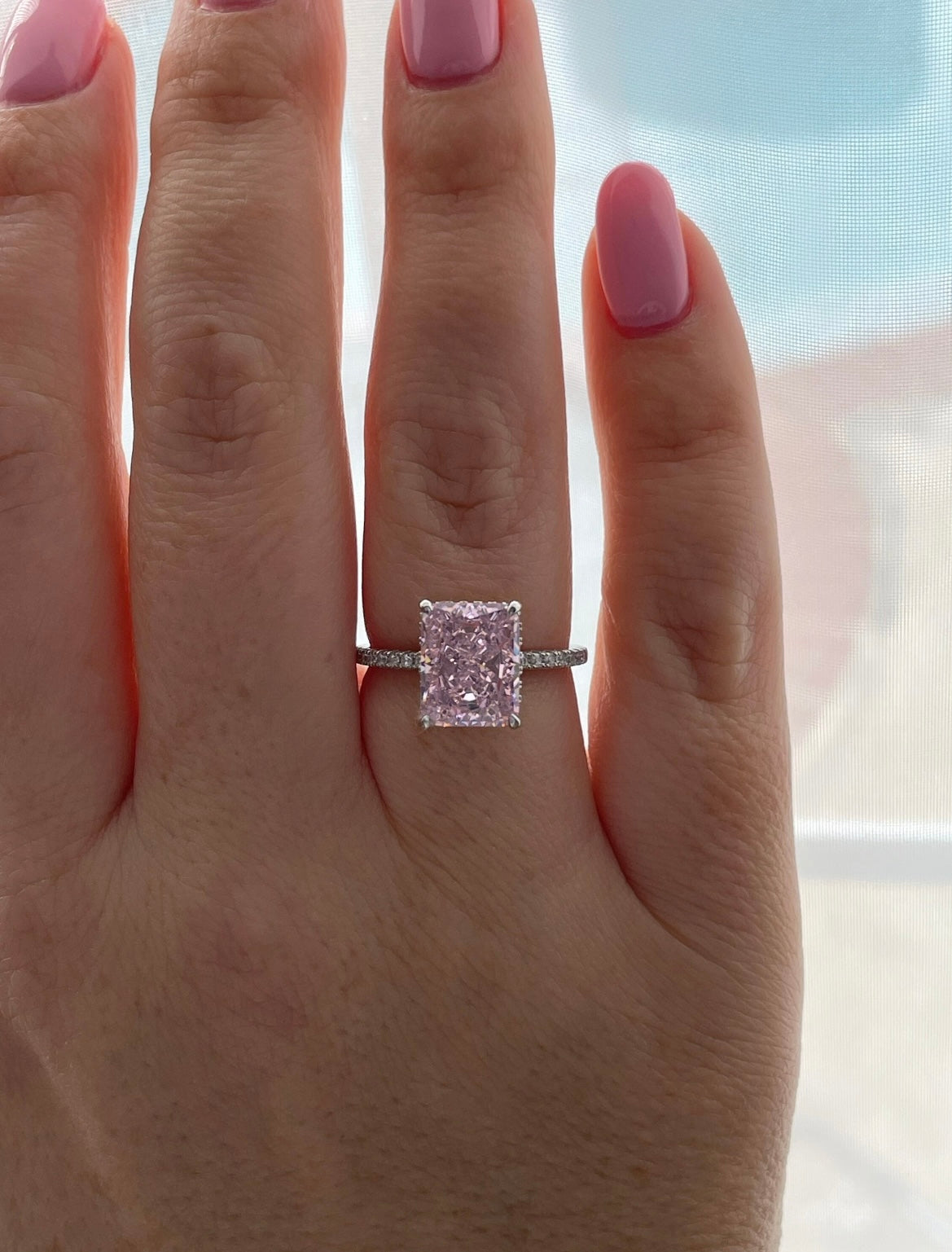 Sterling Silver 925 ring with 3.3CT crushed ice pink radiant cut simulated diamond