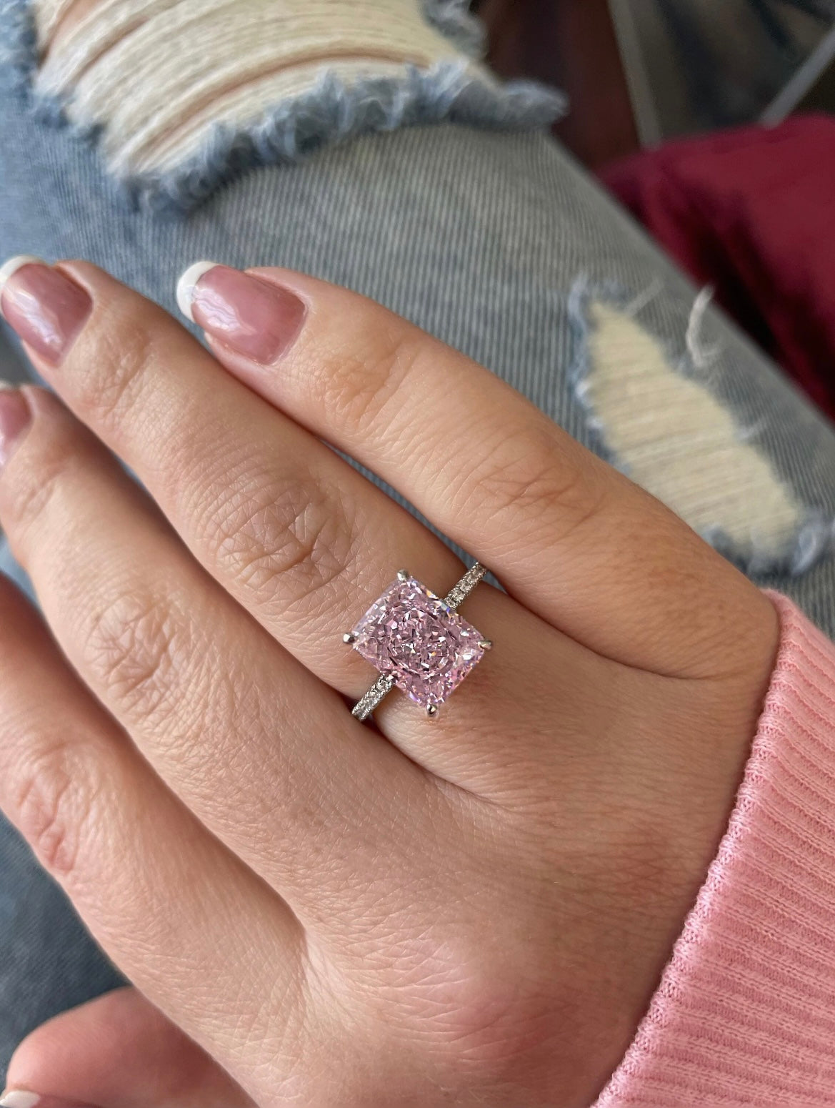 Sterling Silver 925 ring with 3.3CT crushed ice pink radiant cut simulated diamond