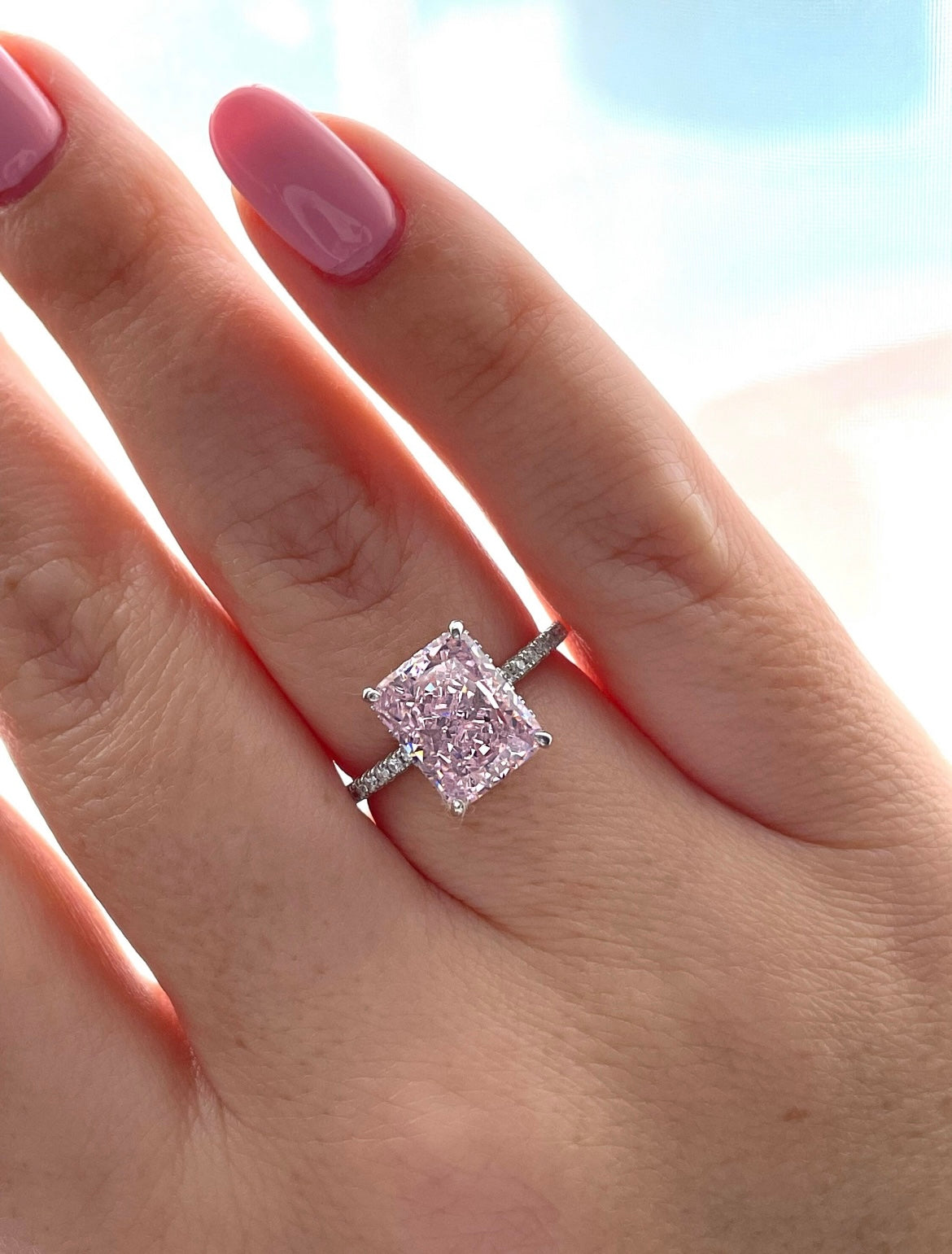 Sterling Silver 925 ring with 3.3CT crushed ice pink radiant cut simulated diamond