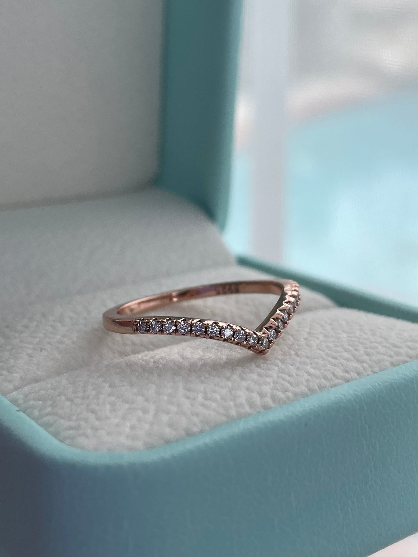 Moissanite. 0.26 CTTW Rose gold over Sterling Silver 925 Chevron Ring with Moissanite, V Ring, Stacking Ring