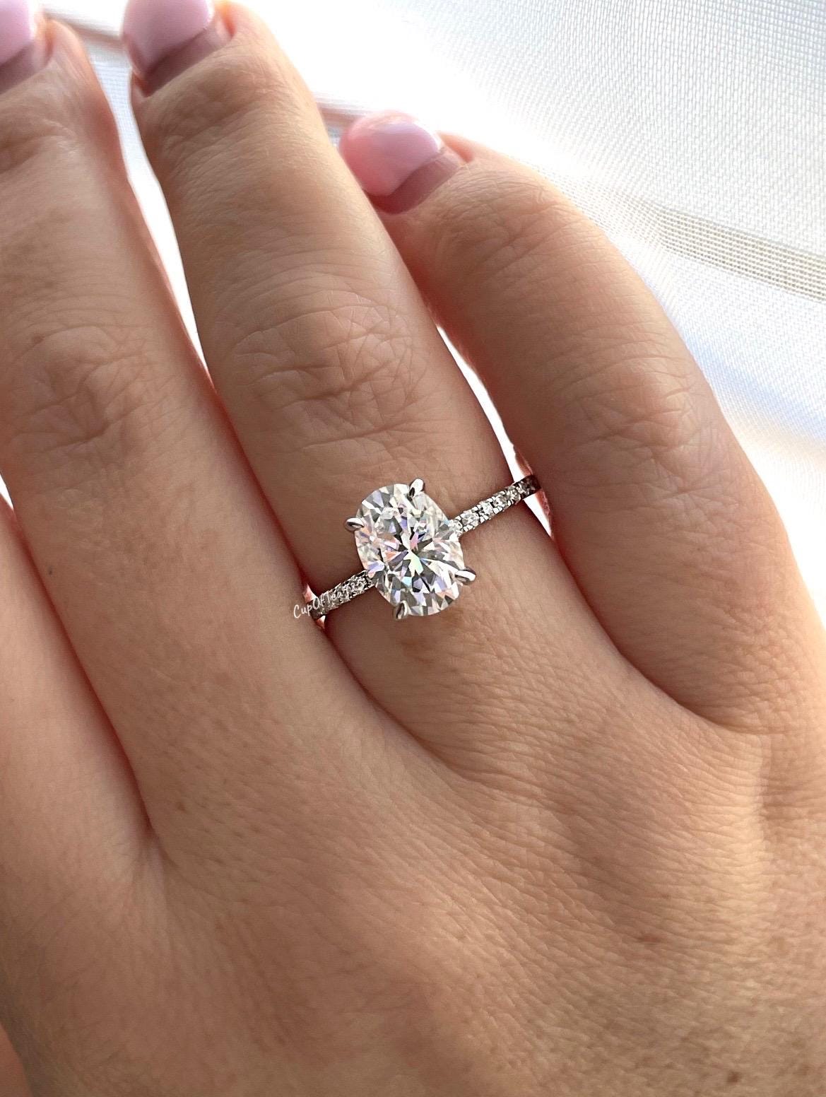 2.5CT Oval Moissanite Engagement Ring: Sterling Silver Hidden Halo