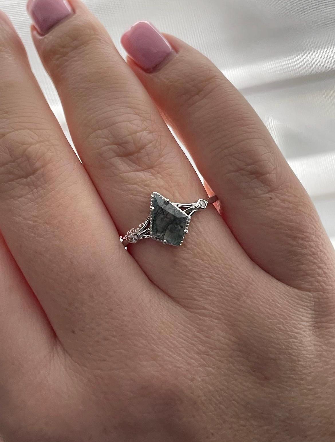 Kite Green Moss Agate Ring: Sterling Silver 925, CZ Diamonds