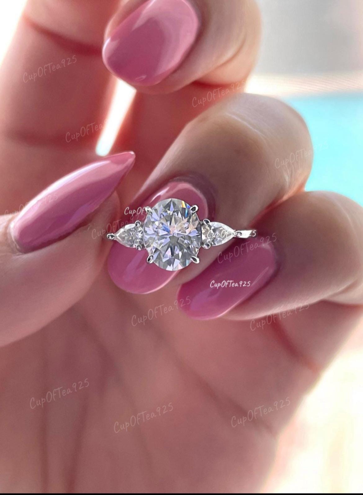 Oval Moissanite Engagement Ring: Sterling Silver Three Stone Promise Ring