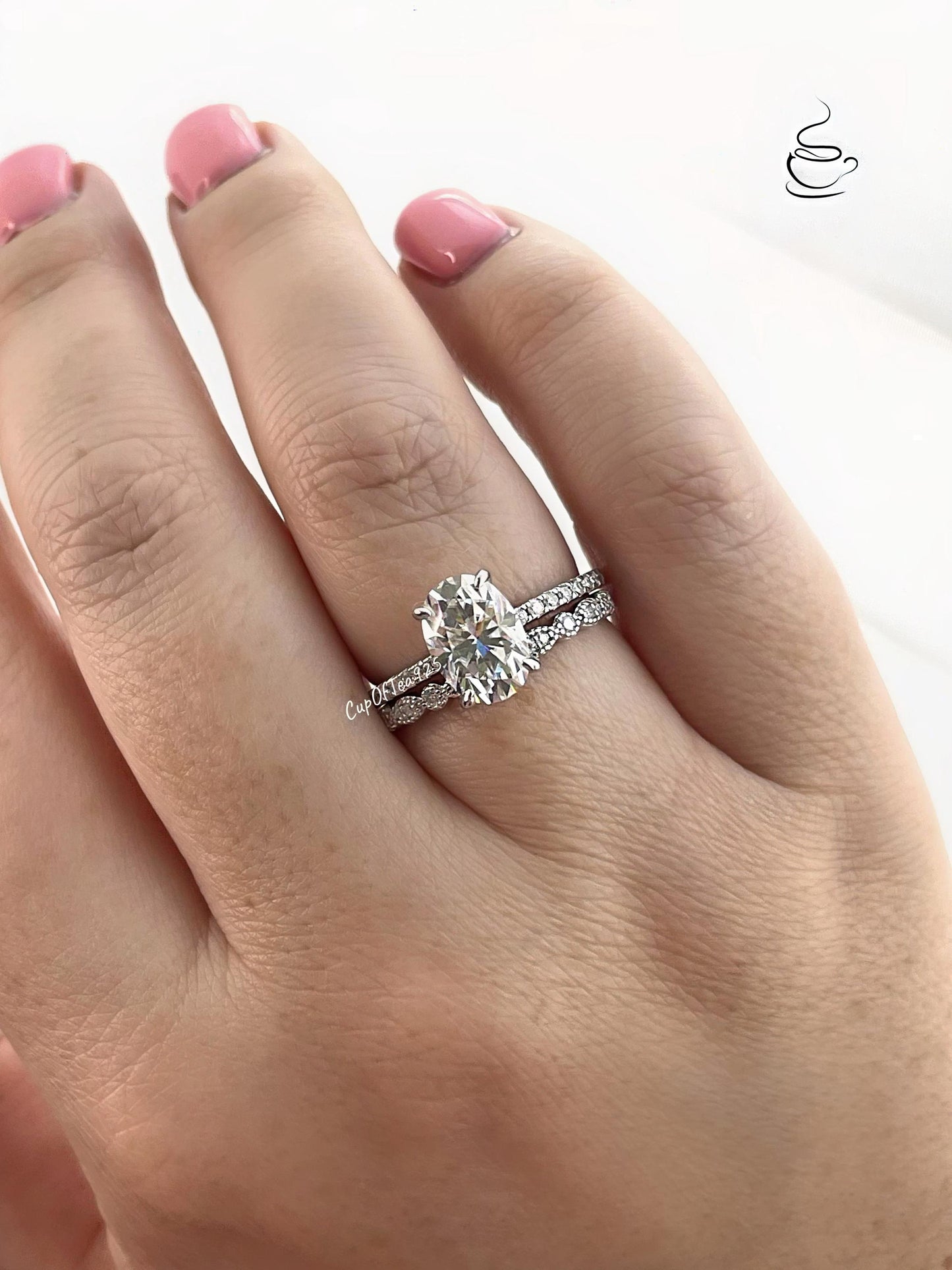 Sterling Silver 925 engagement ring set with D VVS 2.5CT oval cut moissanite whith hidden halo and art deco moissanite band, bridal set