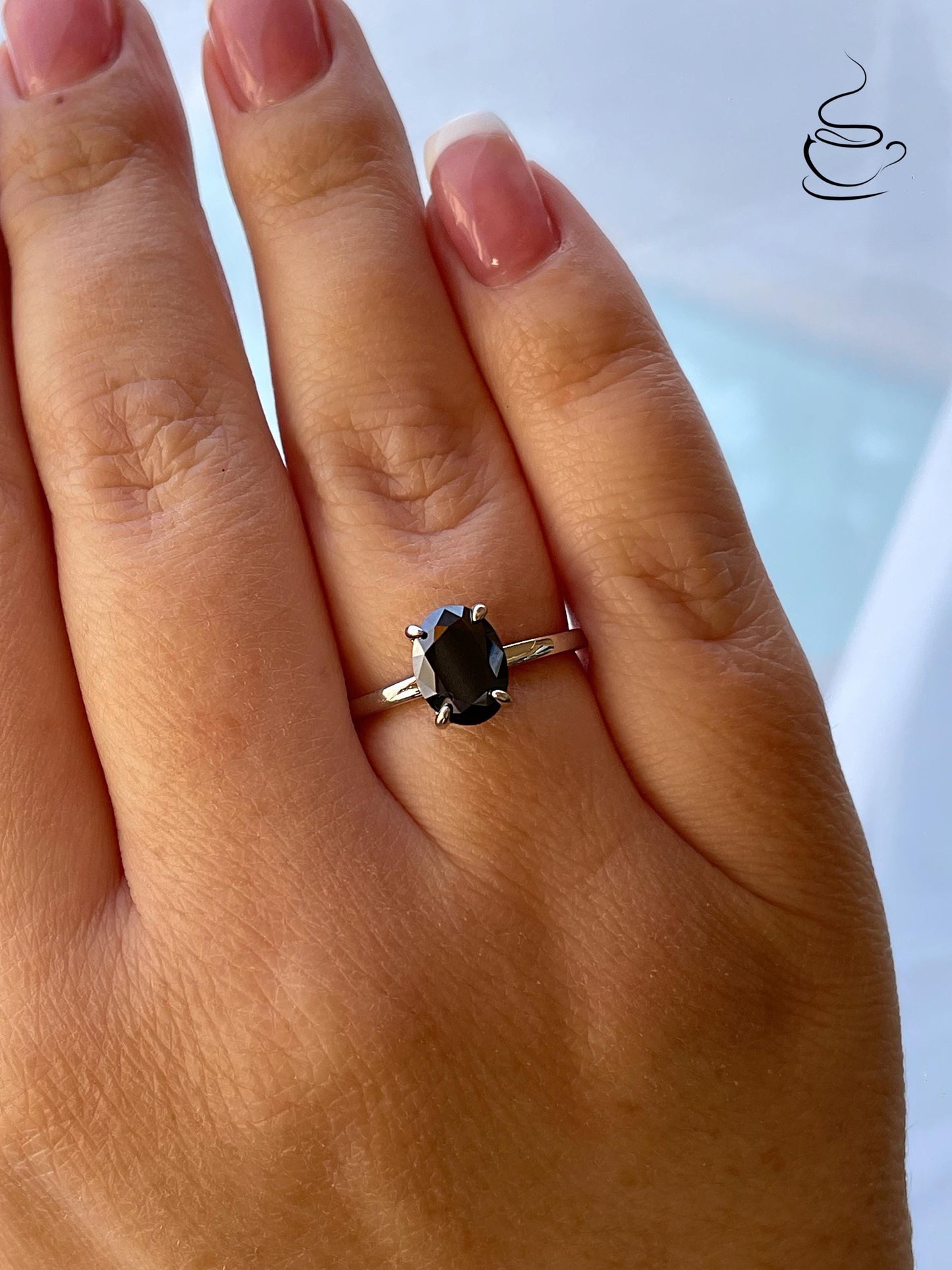 2CT Oval Black Moissanite Engagement Ring: Sterling Silver Hidden Halo