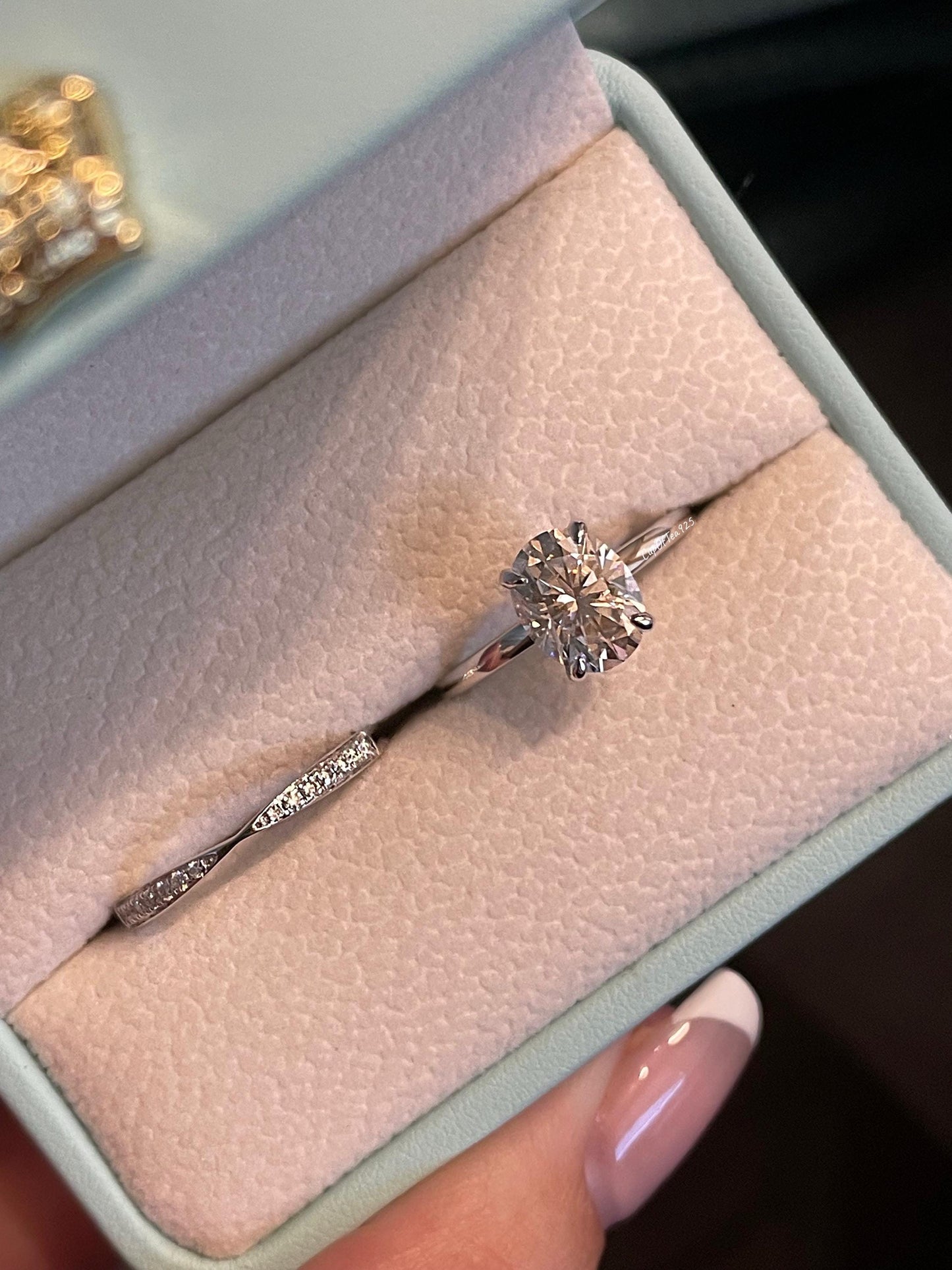 Moissanite engagement ring set with 2CT oval cut and hidden halo with bow tie moissanite wedding band in sterling silver 925