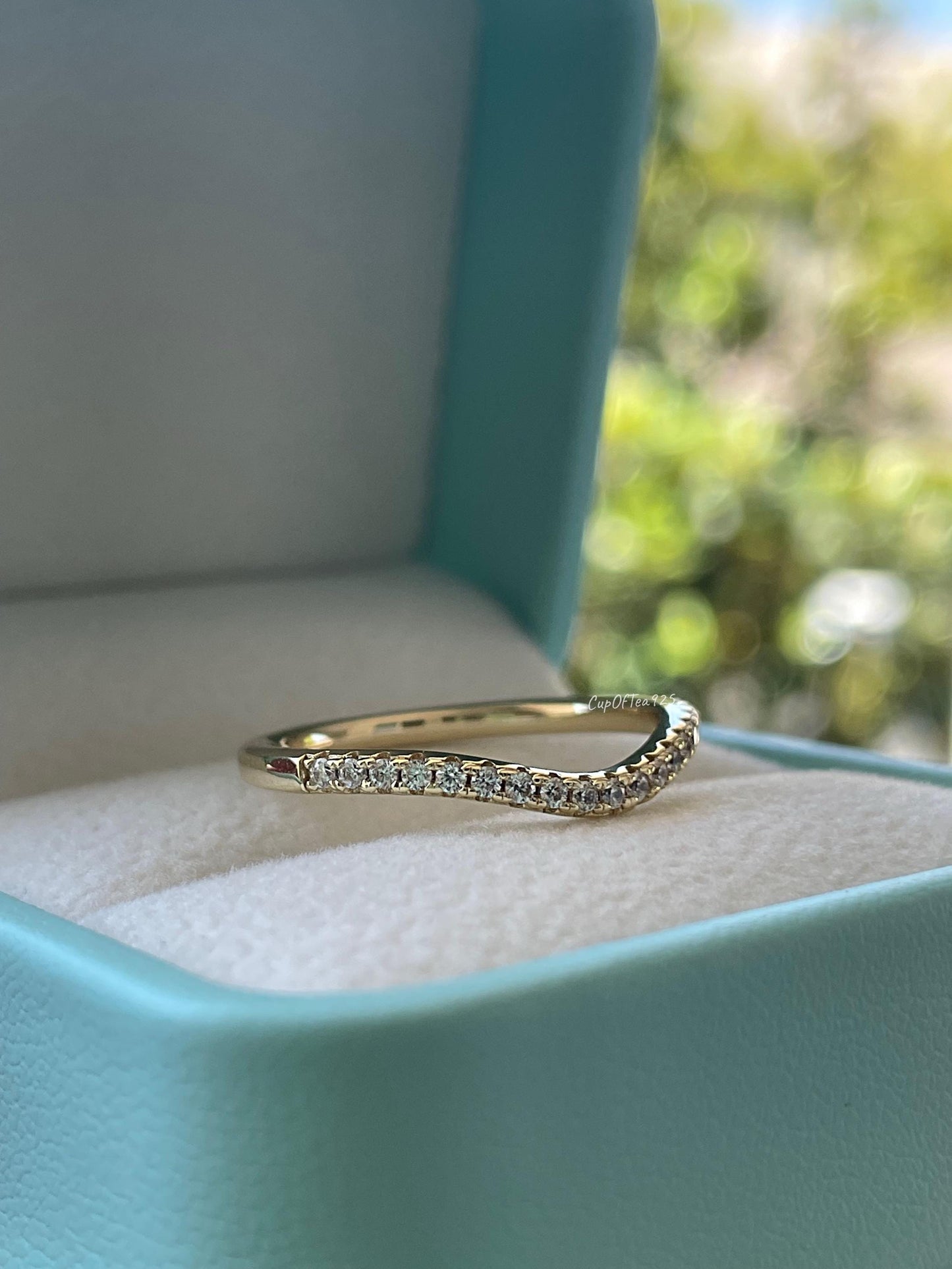 Curved CZ Diamond Stacking Band, Yellow Gold over Sterling Silver wedding band