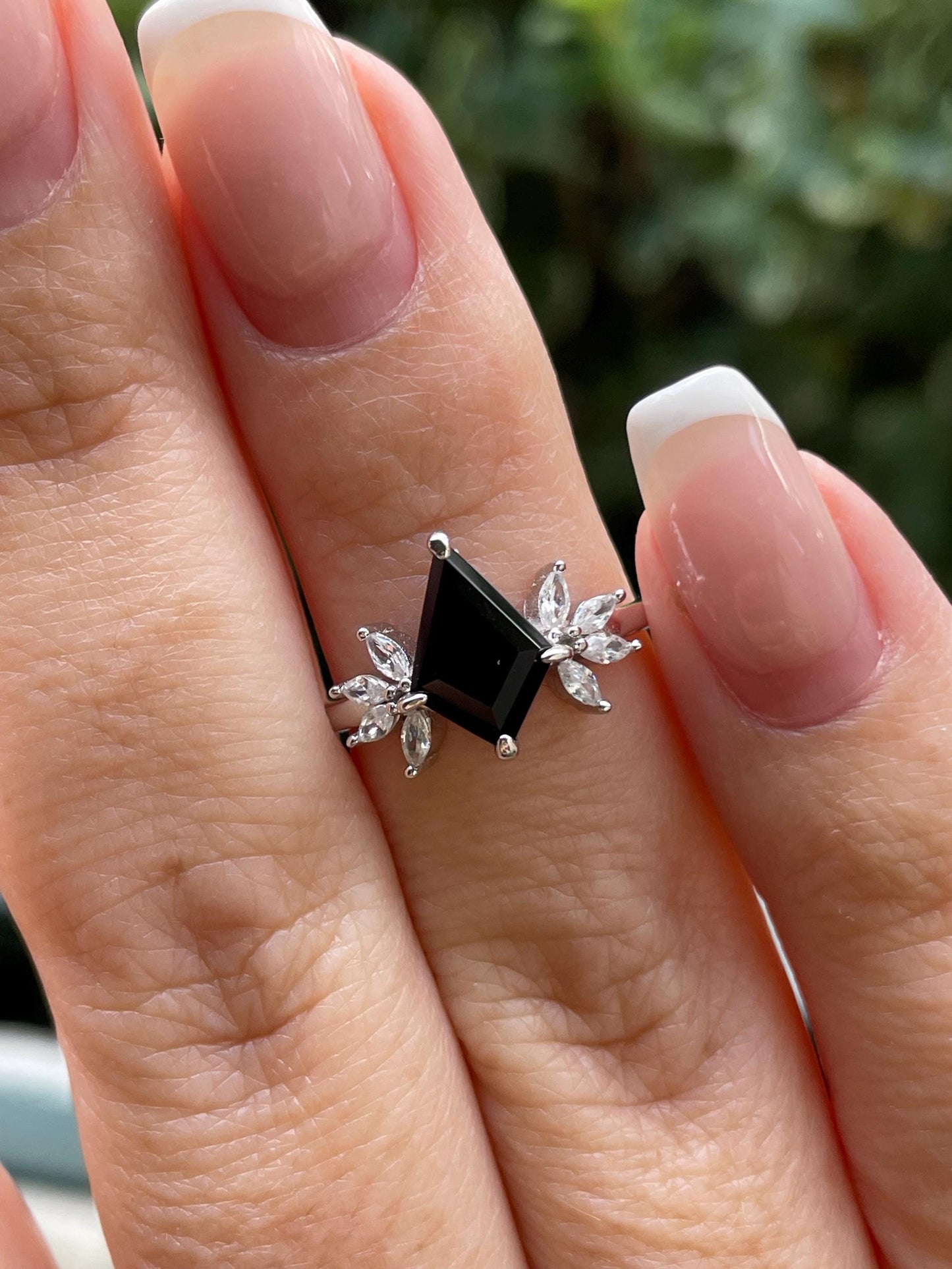 Black Onyx Ring, Sterling Silver 925 kite shaped black onyx engagement ring