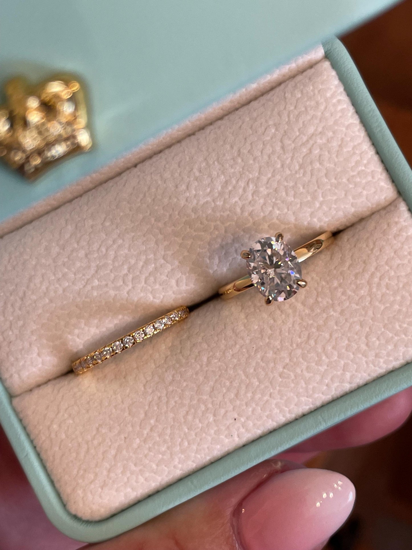 Moissanite engagement ring set. Sterling Silver, gold vermeil set with 2CT oval cut moissanite solitaire ring and half eternity wedding band