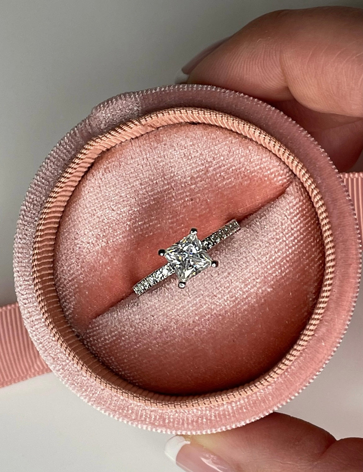 Moissanite. 1.89CTTW Sterling Silver 925 engagement ring with 1.2CT crispy clear princes cut moissanite