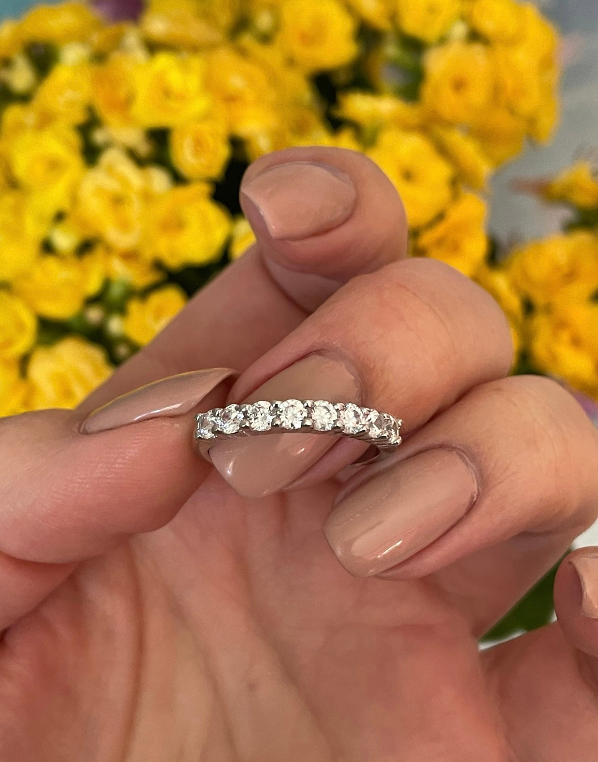 Moissanite. Sterling Silver 925 half eternity band with crispy clear moissanite