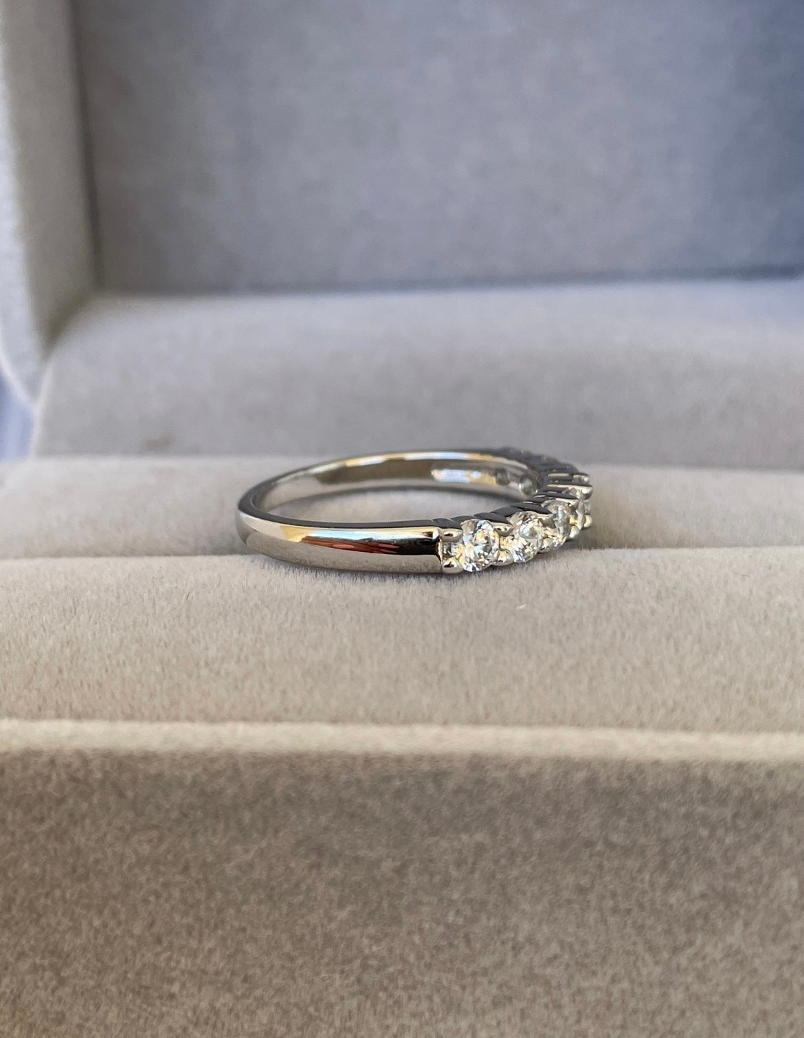 Moissanite. Sterling Silver 925 half eternity band with crispy clear moissanite