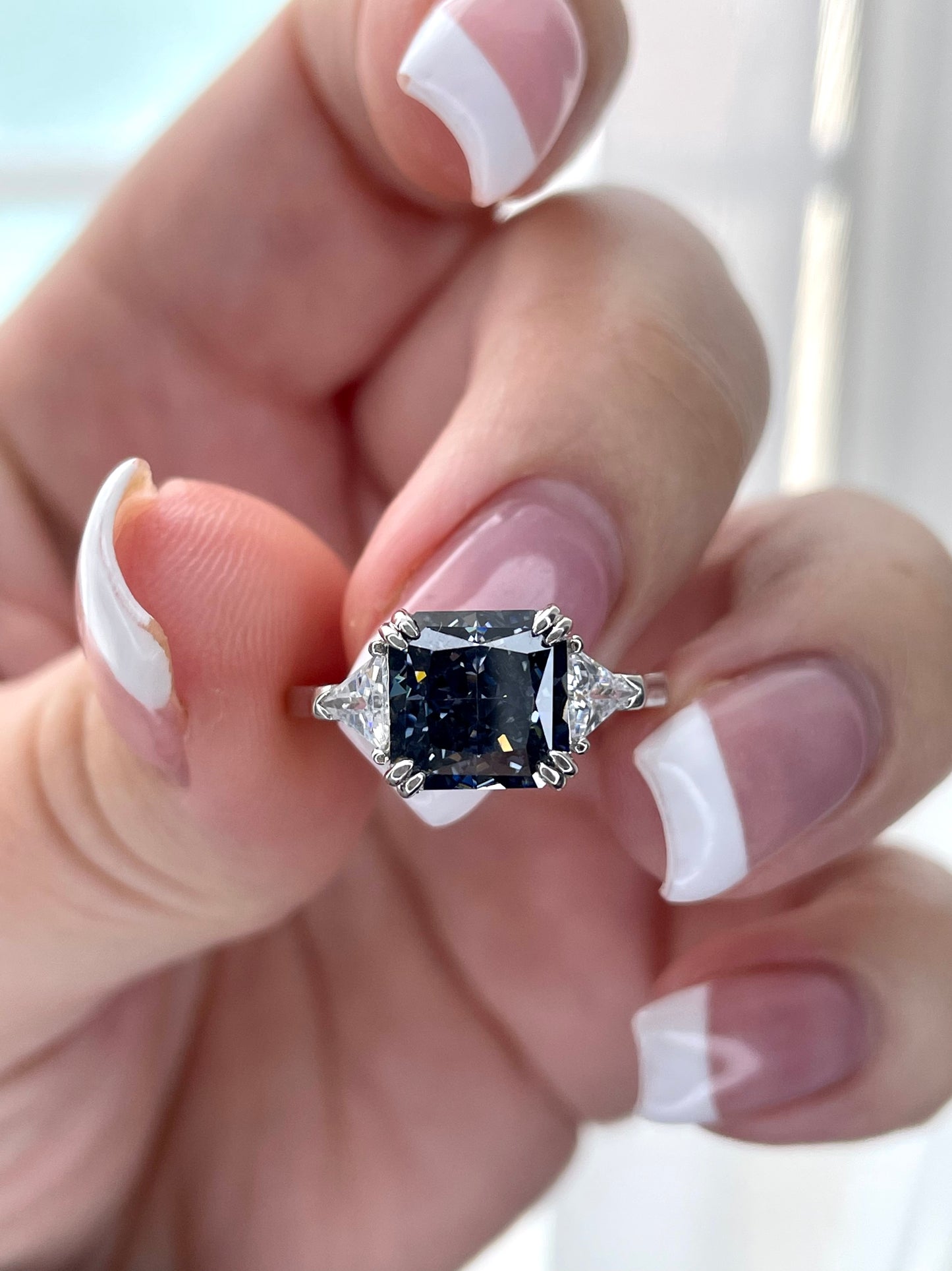 The Joy. Sterling Silver 925 ring with gray, black , bluish crushed ice simulated diamond in sterling silver 925