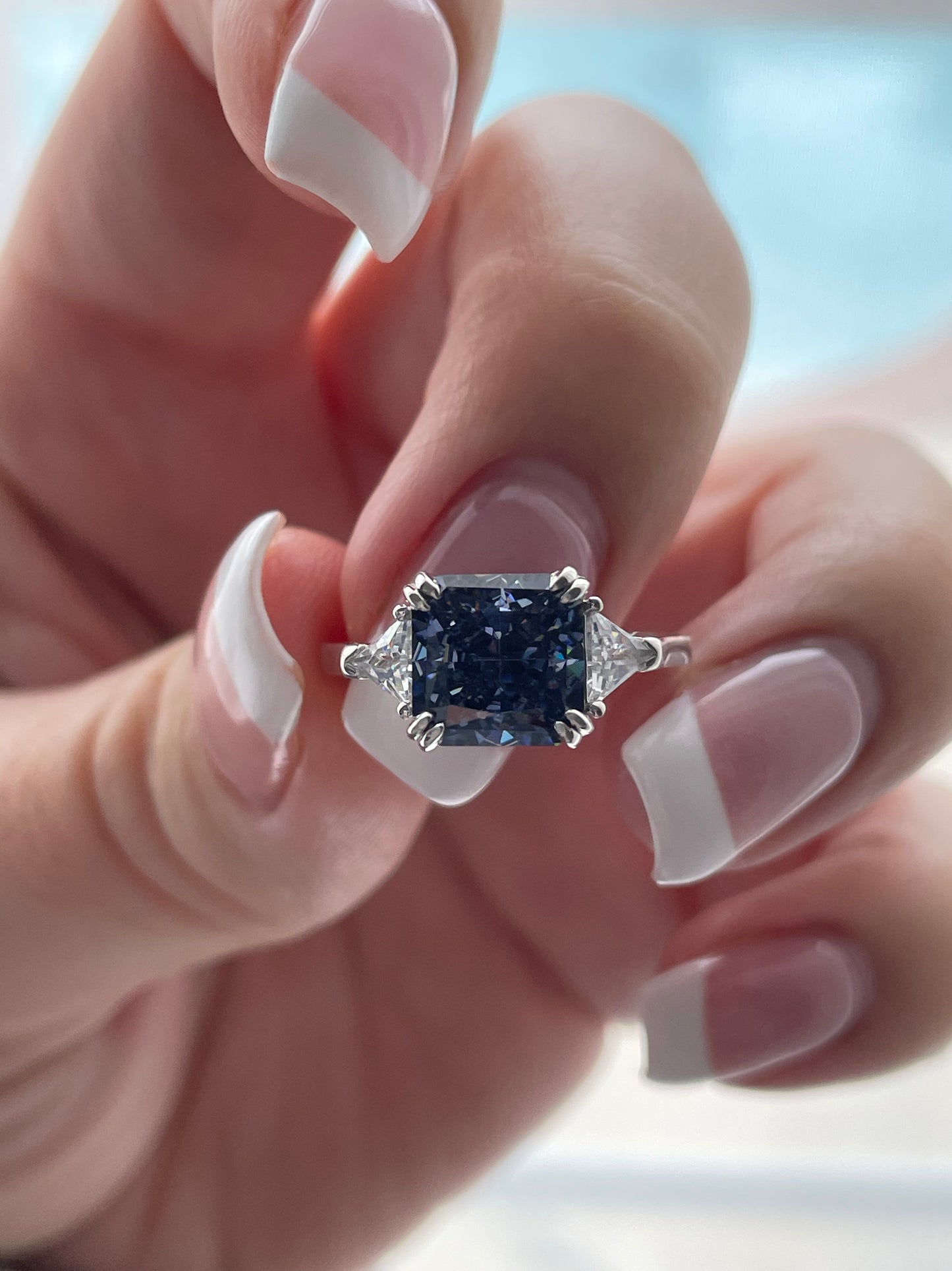 The Joy. Sterling Silver 925 ring with gray, black , bluish crushed ice simulated diamond in sterling silver 925