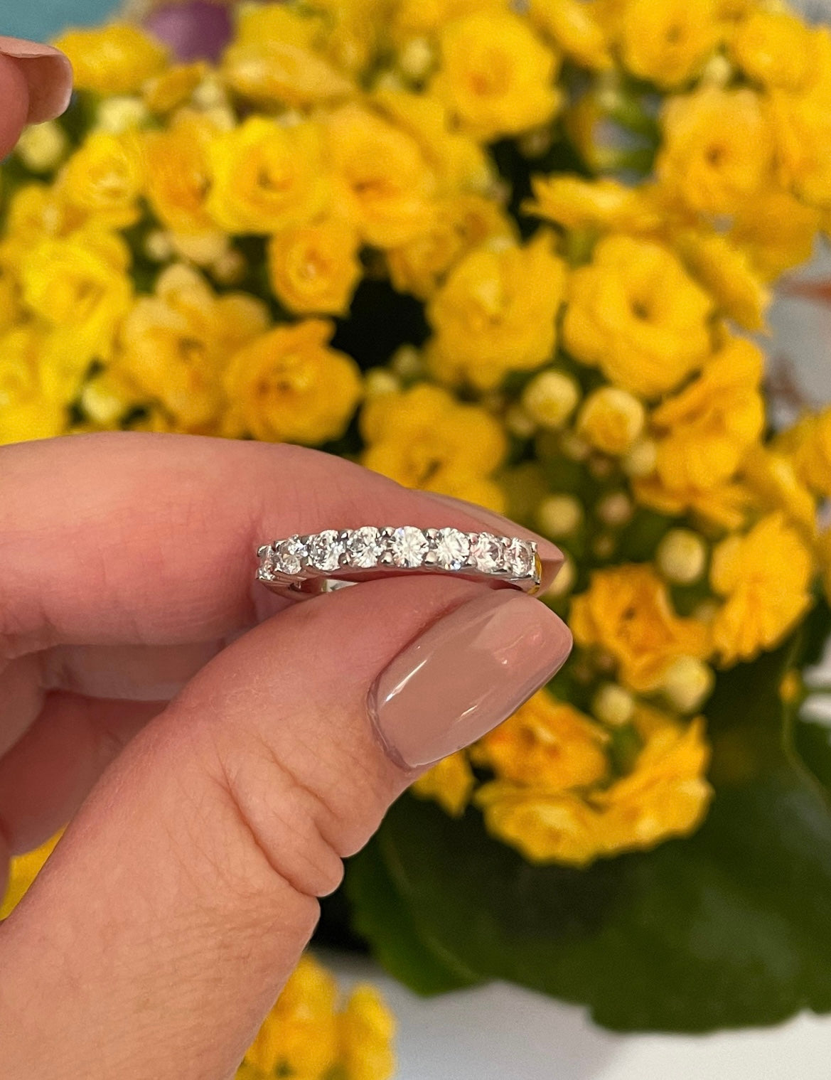 Moissanite. Sterling Silver 925 half eternity band with crispy clear moissanite