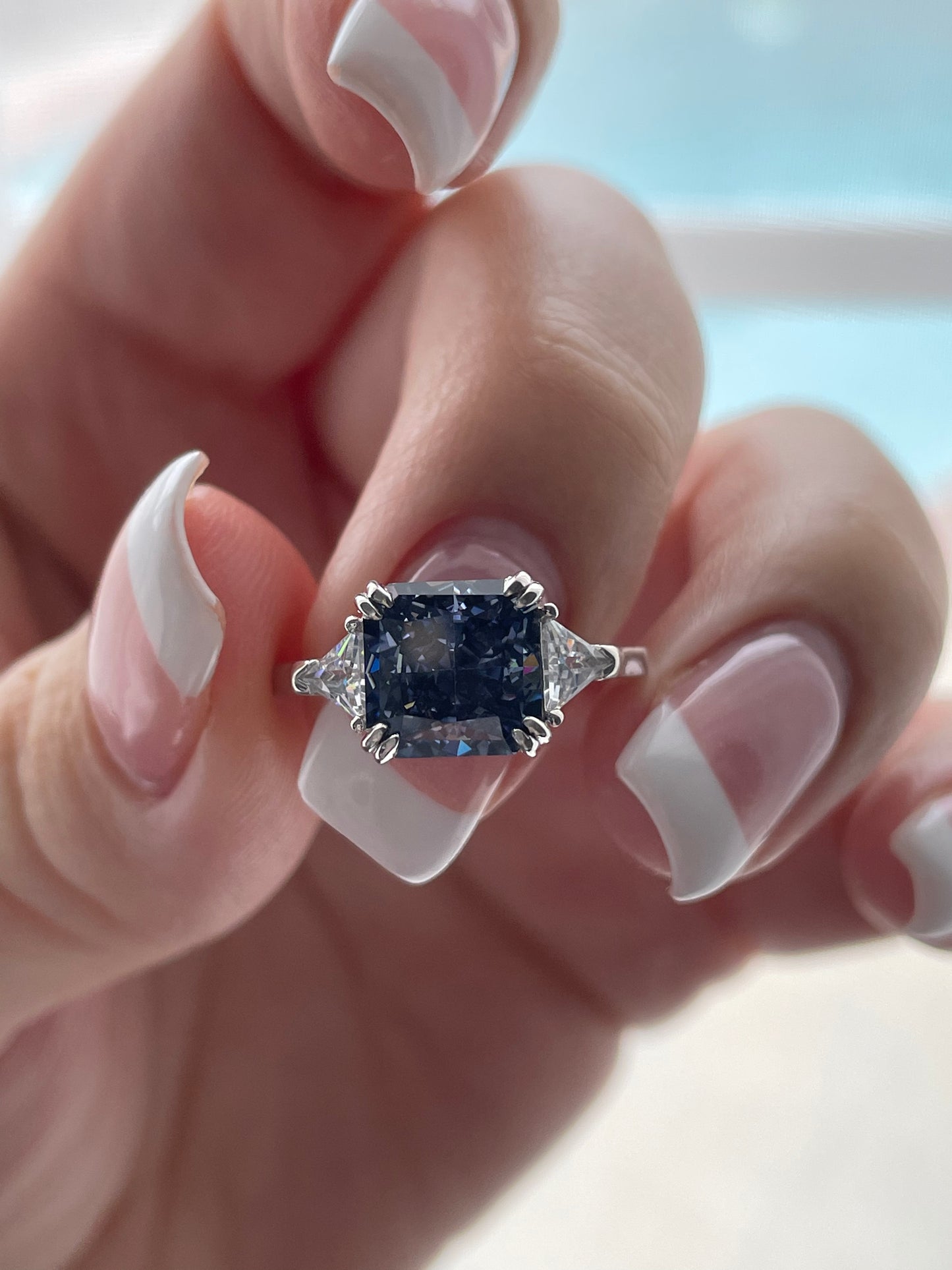 The Joy. Sterling Silver 925 ring with gray, black , bluish crushed ice simulated diamond in sterling silver 925