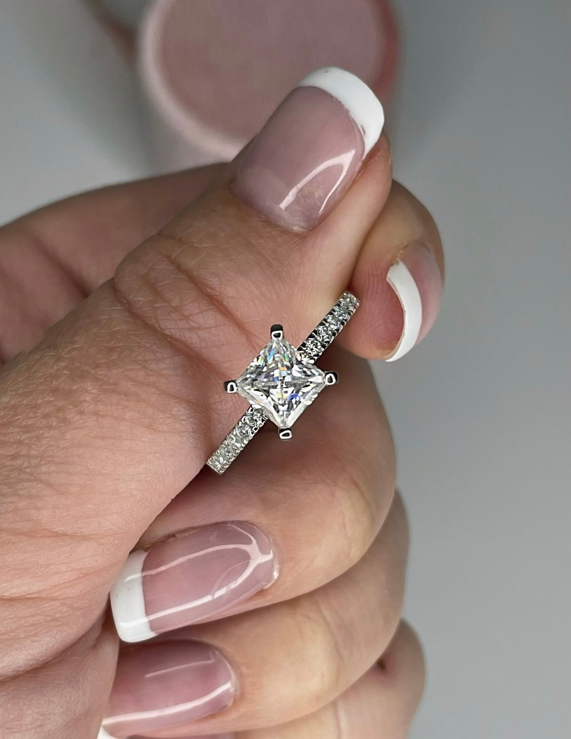 Moissanite. 1.89CTTW Sterling Silver 925 engagement ring with 1.2CT crispy clear princes cut moissanite