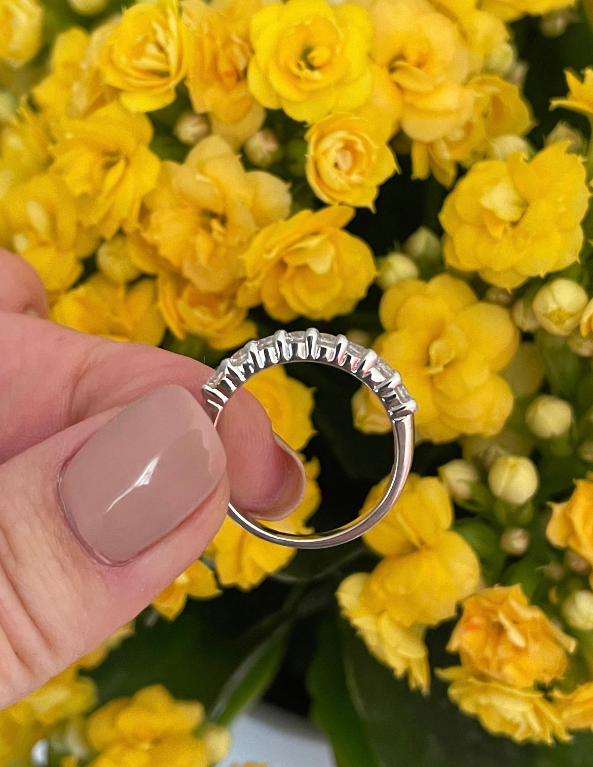 Moissanite. Sterling Silver 925 half eternity band with crispy clear moissanite