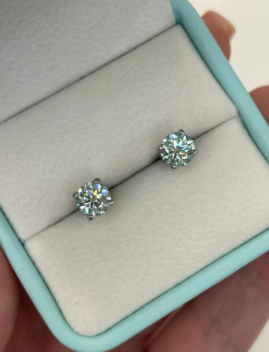 Certified aqua-blue-green moissanite stud earrings In Sterling Silver 925