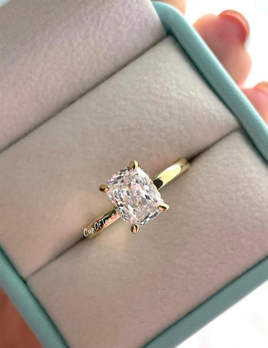 Sterling Silver, Yellow Gold Vermeil engagement ring with 3CT emerald cut 6A simulated diamond