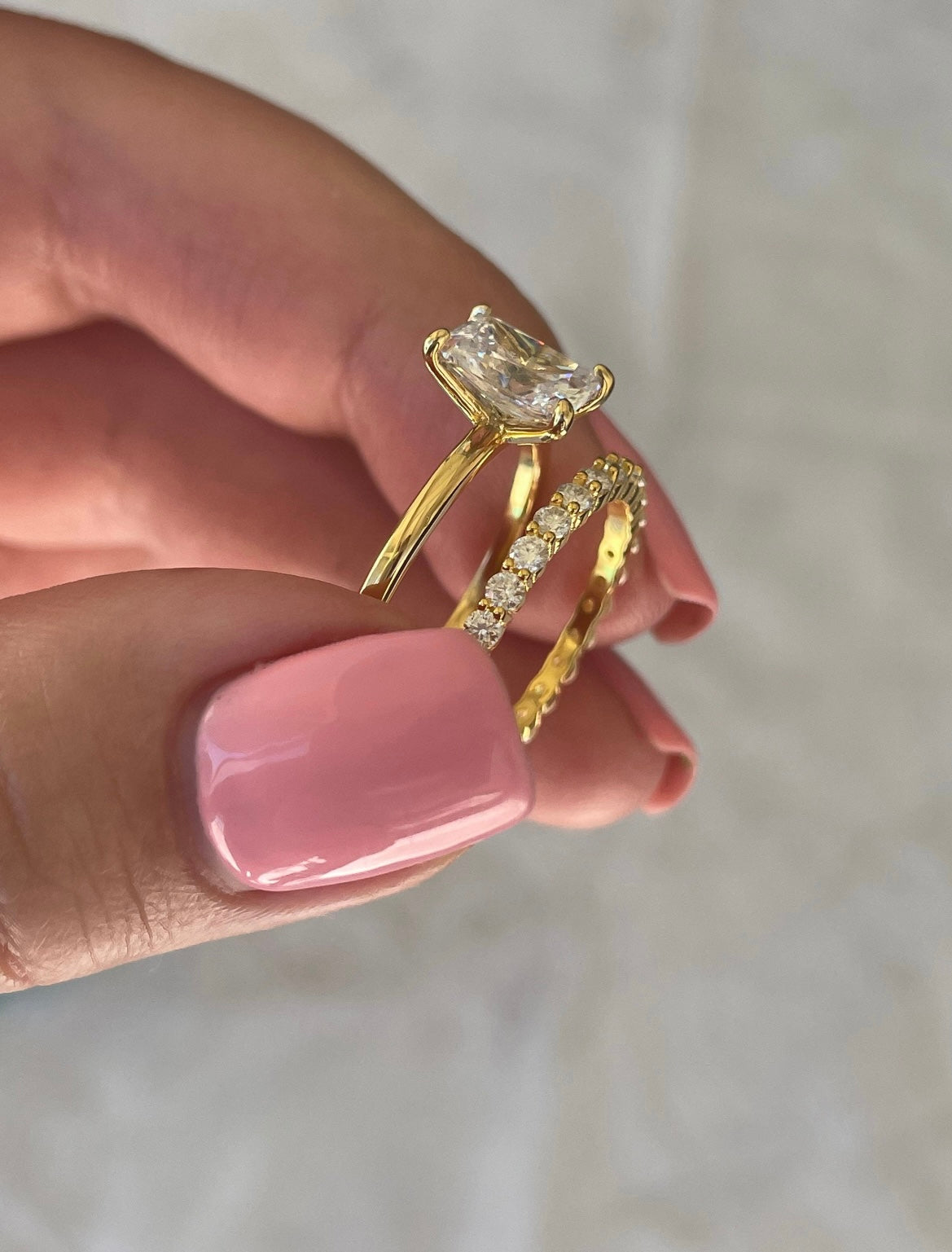 Yellow Gold over Sterling Silver 925 Bridal Set with 2CT Radiant Cut Solitare and half eternity band, engagement ring, travel ring