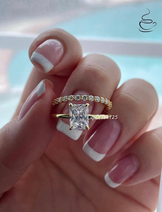 Yellow Gold over Sterling Silver 925 Bridal Set with 2CT Radiant Cut Solitare and half eternity band, engagement ring, travel ring