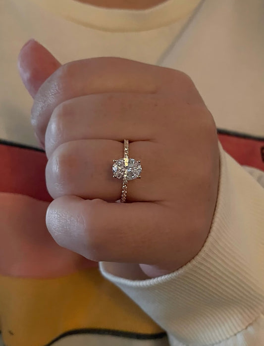 The Olivia. Rose Gold Vermeil, yellow gold vermeil, white gold vermeil engagement ring with 2CT oval cut simulated diamond