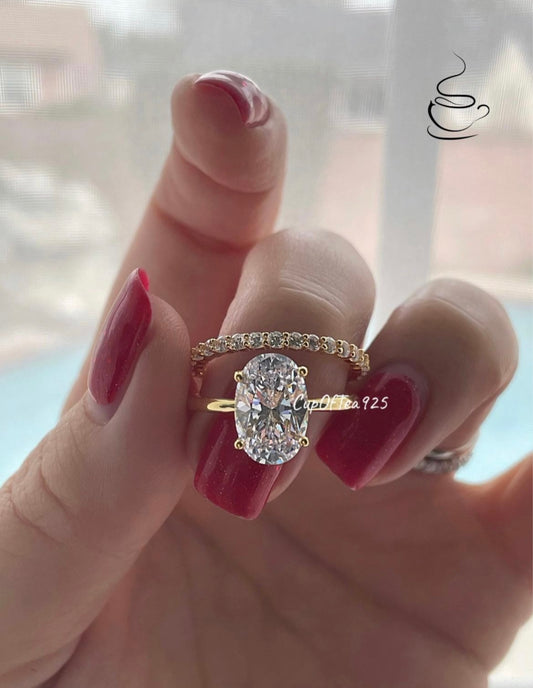 Yellow Gold , rose gold, white gold over Sterling Silver 925 bridal set with 3.5CT or 2.5CT oval cut Solitare ring and half eternity band