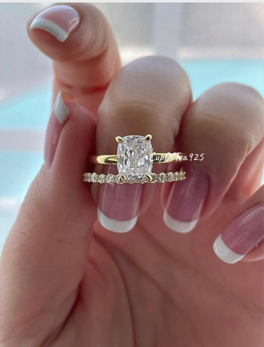 Yellow Gold over Sterling Silver 925 Bridal Set with 2.5 Elongated CZ Cushion Cut engagement ring and half eternity band.