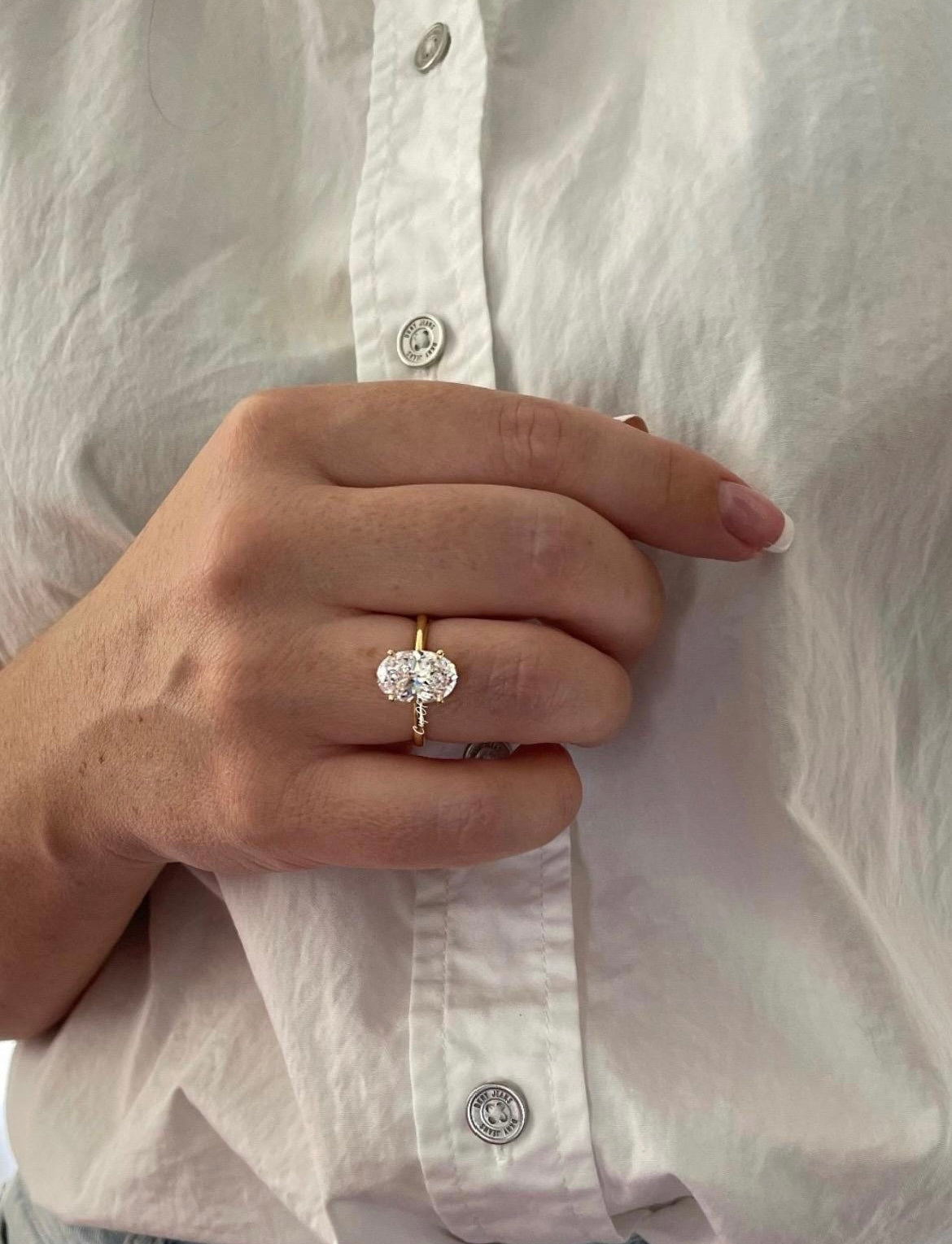 The Brooklyn. Yellow gold vermeil, white gold vermeil stunning solitaire with 3.5CT oval cut simulated diamond.