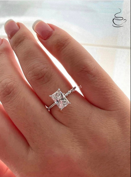 The Harmony. Sterling Silver 925 engagement ring with 2.25CT radiant cut simulated diamond and hidden halo.