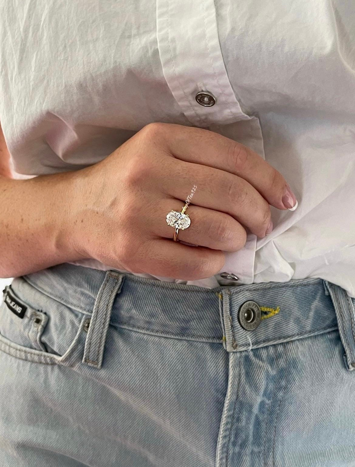 The Brooklyn. Yellow gold vermeil, white gold vermeil stunning solitaire with 3.5CT oval cut simulated diamond.