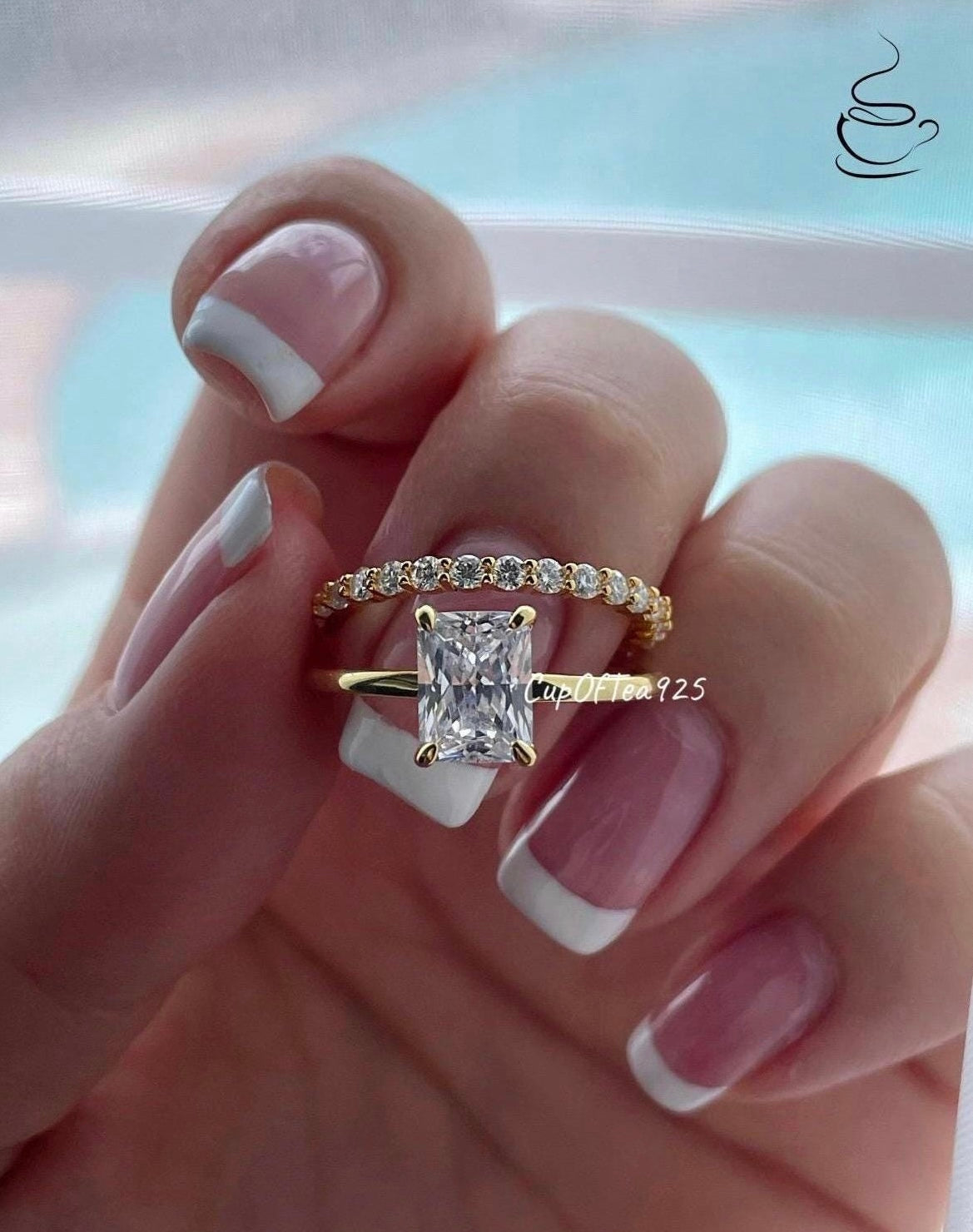 Yellow Gold over Sterling Silver 925 Bridal Set with 2CT Radiant Cut Solitare and half eternity band, engagement ring, travel ring