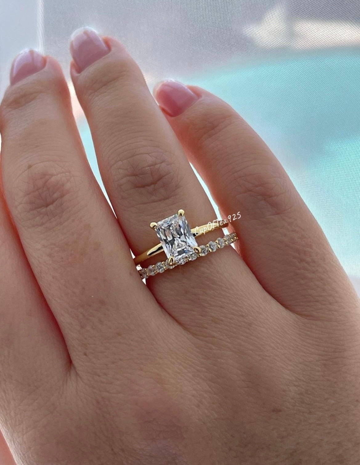 Yellow Gold over Sterling Silver 925 Bridal Set with 2CT Radiant Cut Solitare and half eternity band, engagement ring, travel ring