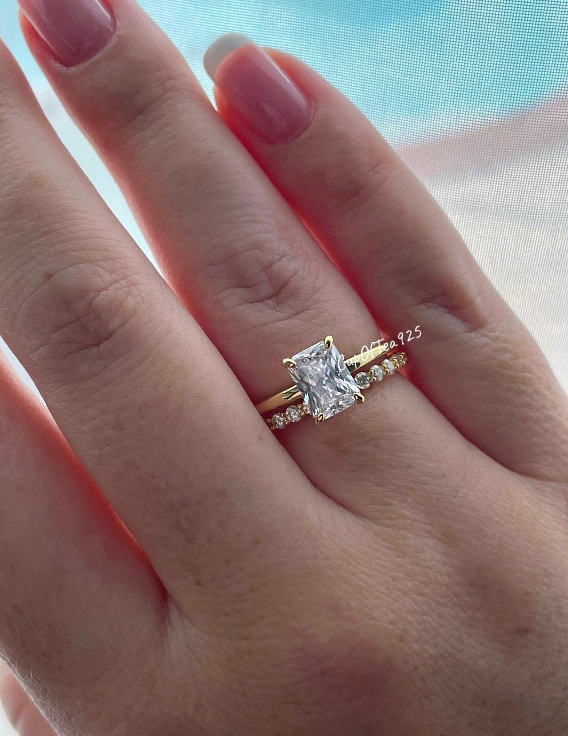 Yellow Gold over Sterling Silver 925 Bridal Set with 2CT Radiant Cut Solitare and half eternity band, engagement ring, travel ring