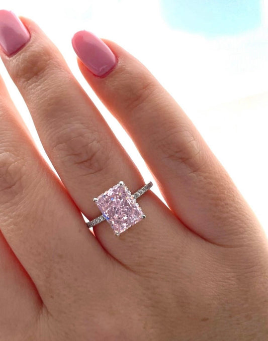 Sterling Silver 925 ring with 3.3CT crushed ice pink radiant cut simulated diamond