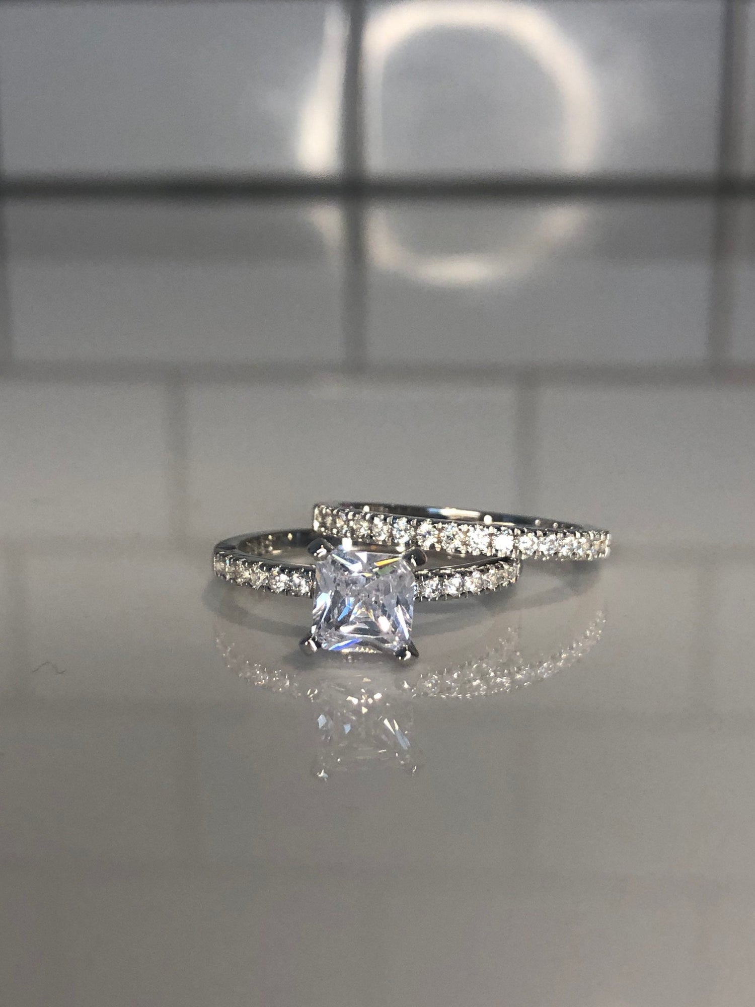 Set of 2 Sterling Silver 925 Rings with Man Made Diamonds