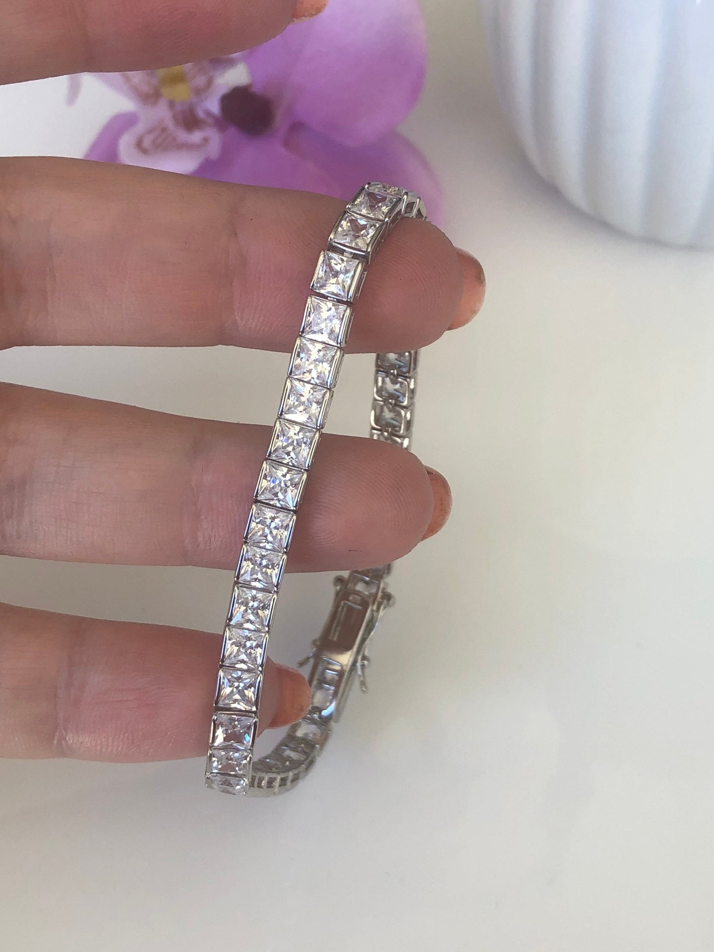 Sterling Silver 925 Tennis Bracelet with The Finest 5A princess cut CZ Diamonds